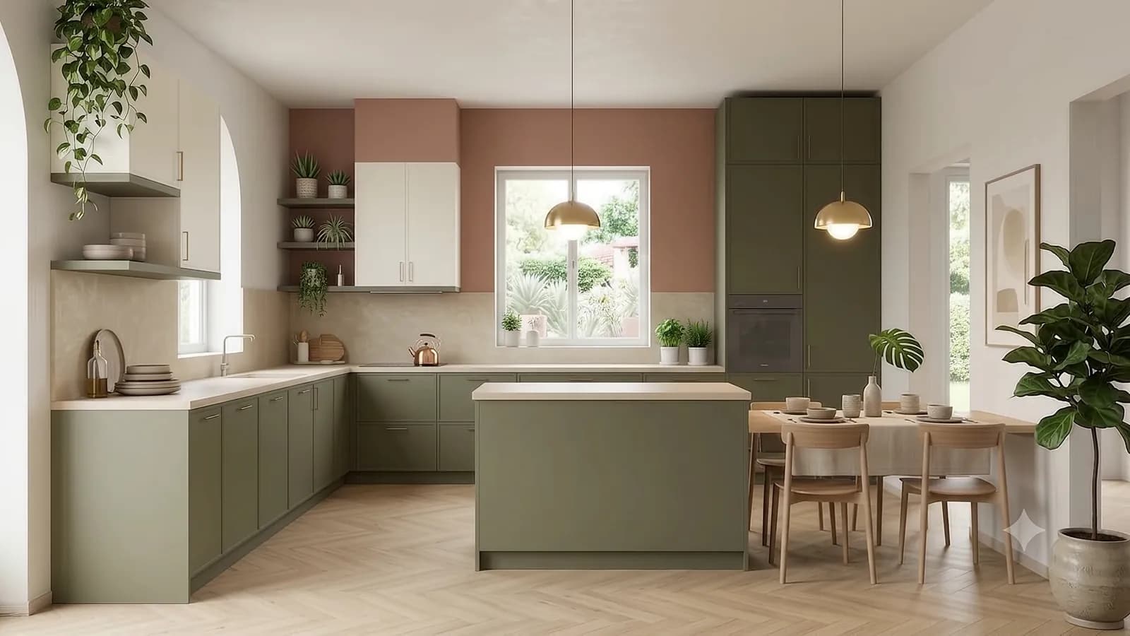 The same kitchen after: sage cabinets, a terracotta wall and an island