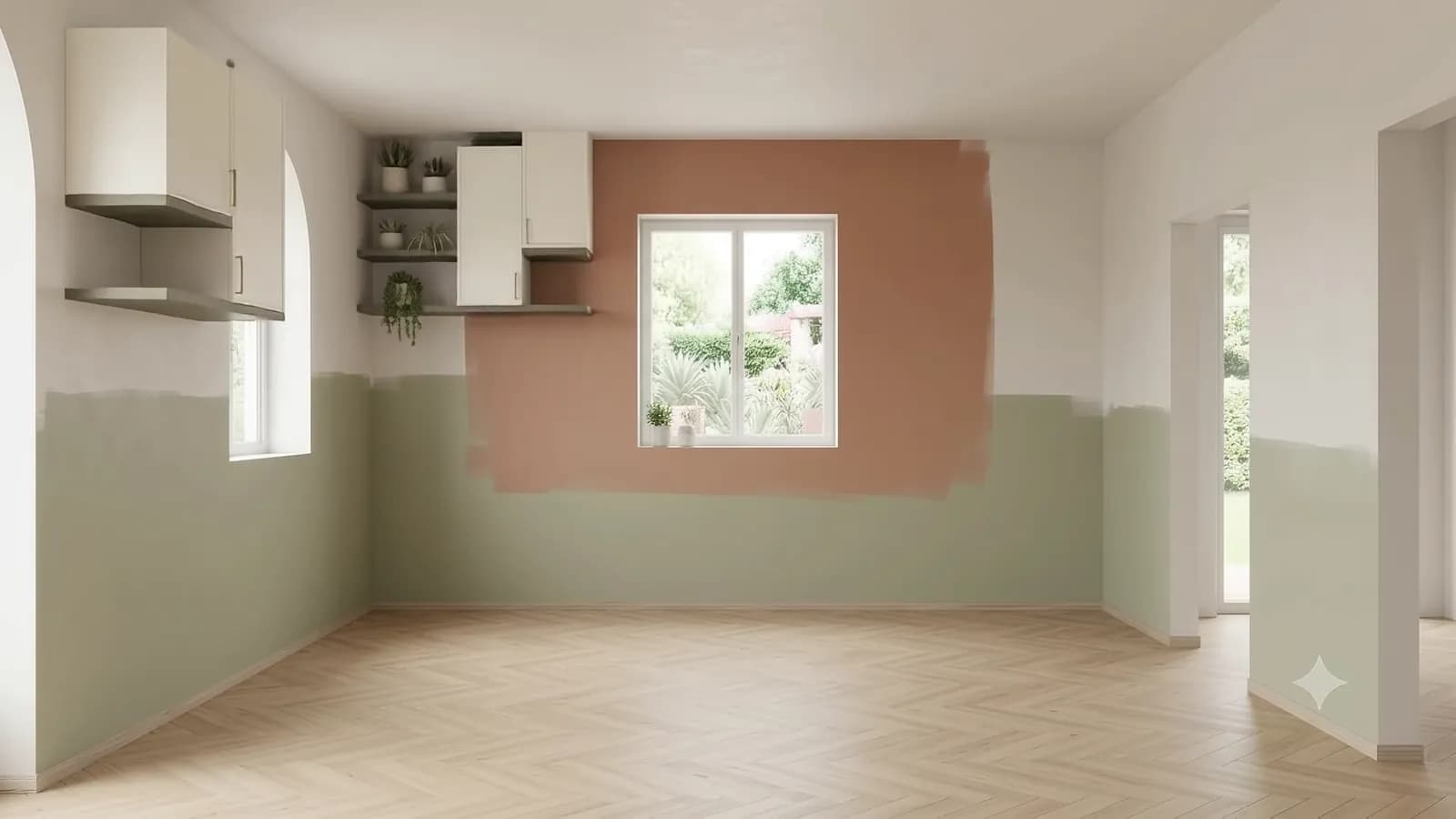 Paint swatches tested on the kitchen wall