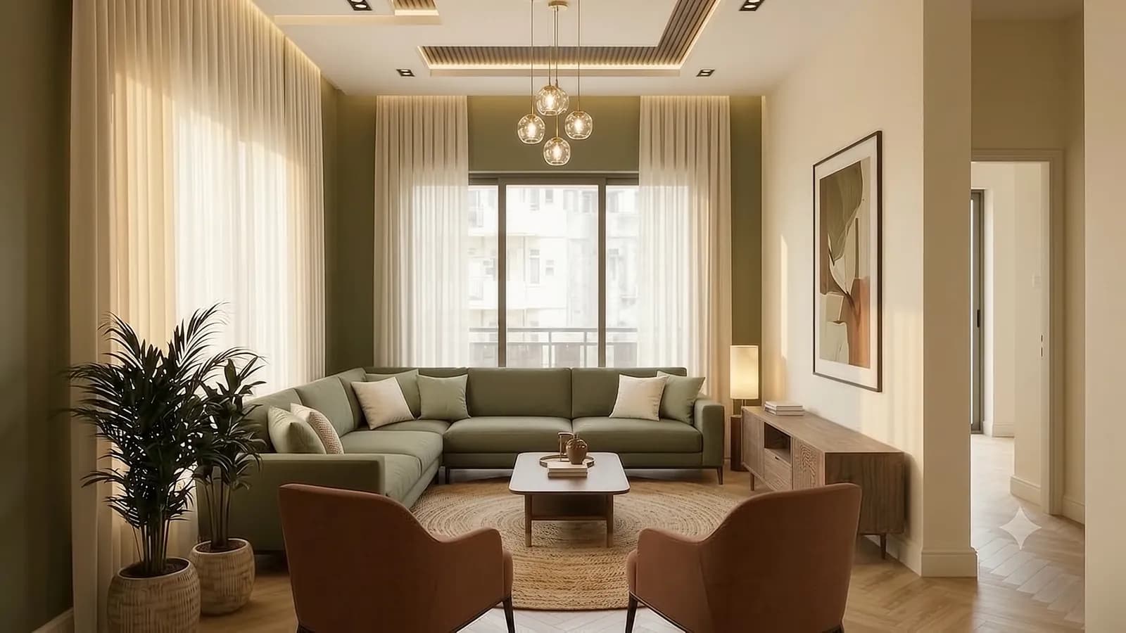 The finished sage hall, styled and ready